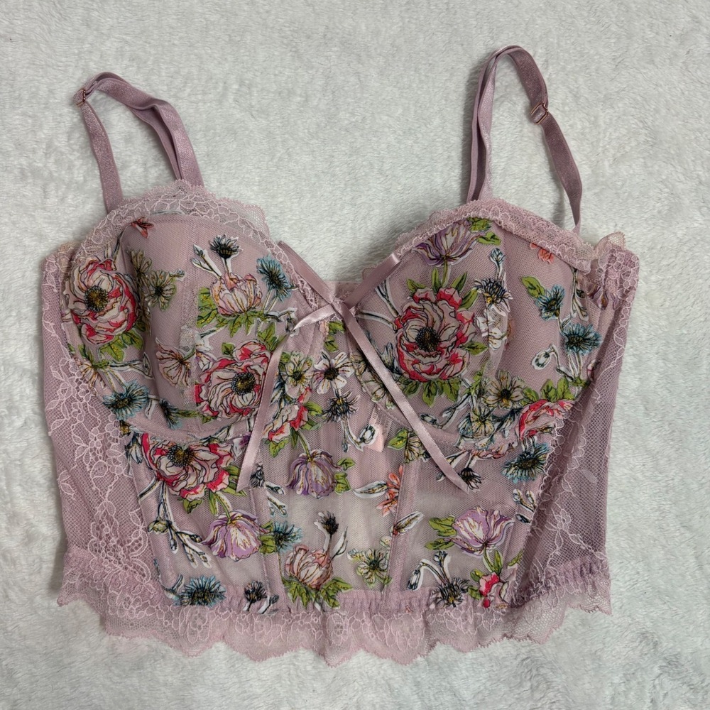 Victorias Secret Dream Angels Corset 36D Floral Lavender Mesh Underwire Lingerie